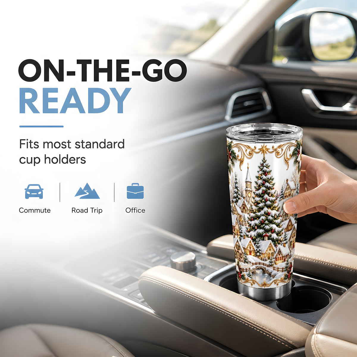 Snowy Village Tumbler 20oz, Christmas Stainless Steel Travel Cup