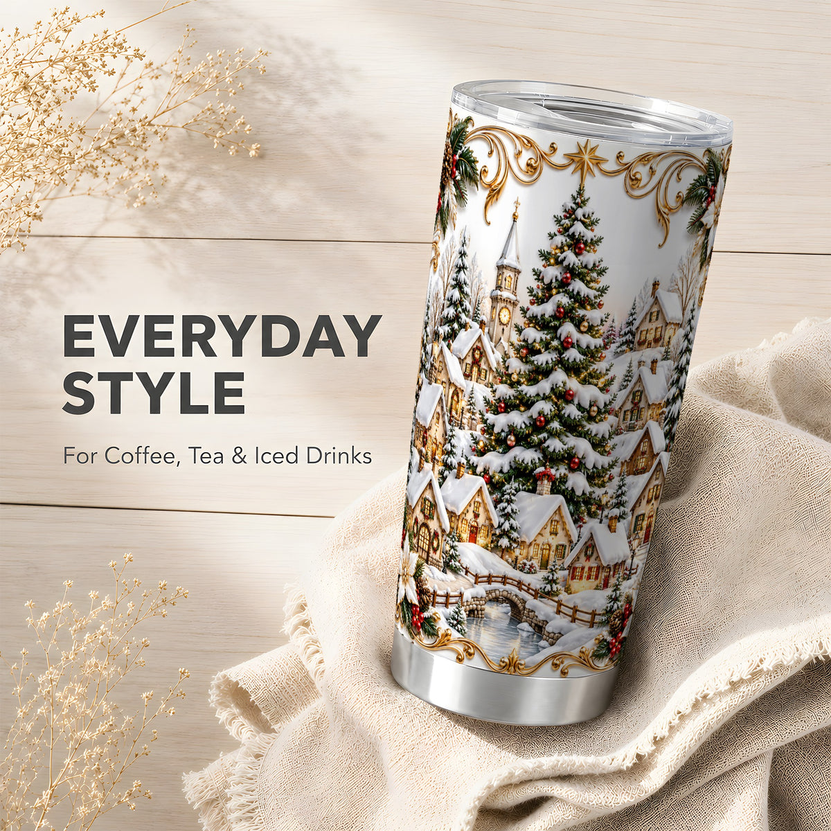 Snowy Village Tumbler 20oz, Christmas Stainless Steel Travel Cup