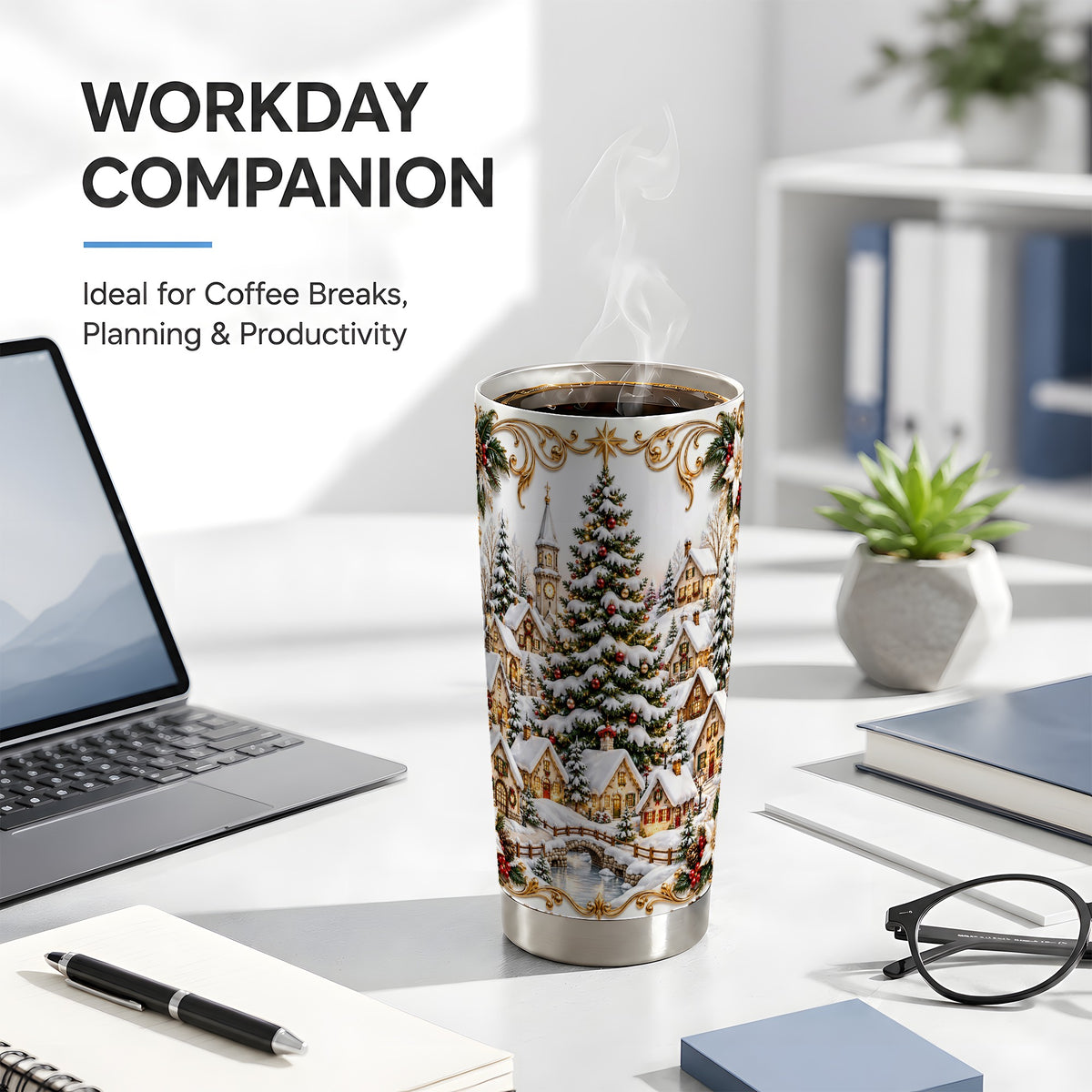 Snowy Village Tumbler 20oz, Christmas Stainless Steel Travel Cup