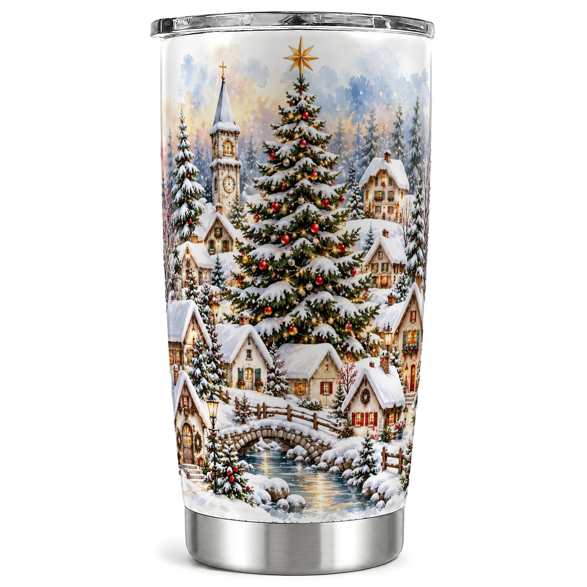 Watercolor Village Tumbler 20oz, Christmas Steel Travel Cup
