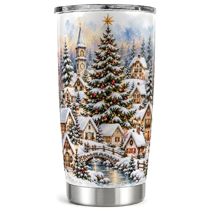 Watercolor Village Tumbler 20oz, Christmas Steel Travel Cup