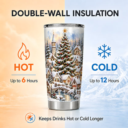 Watercolor Village Tumbler 20oz, Christmas Steel Travel Cup