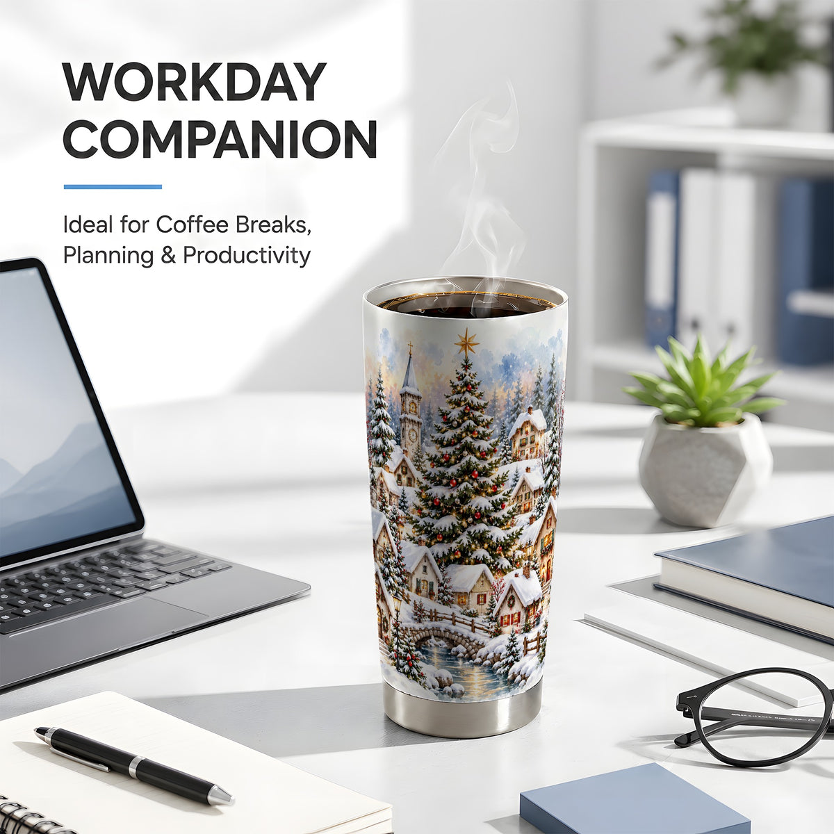 Watercolor Village Tumbler 20oz, Christmas Steel Travel Cup