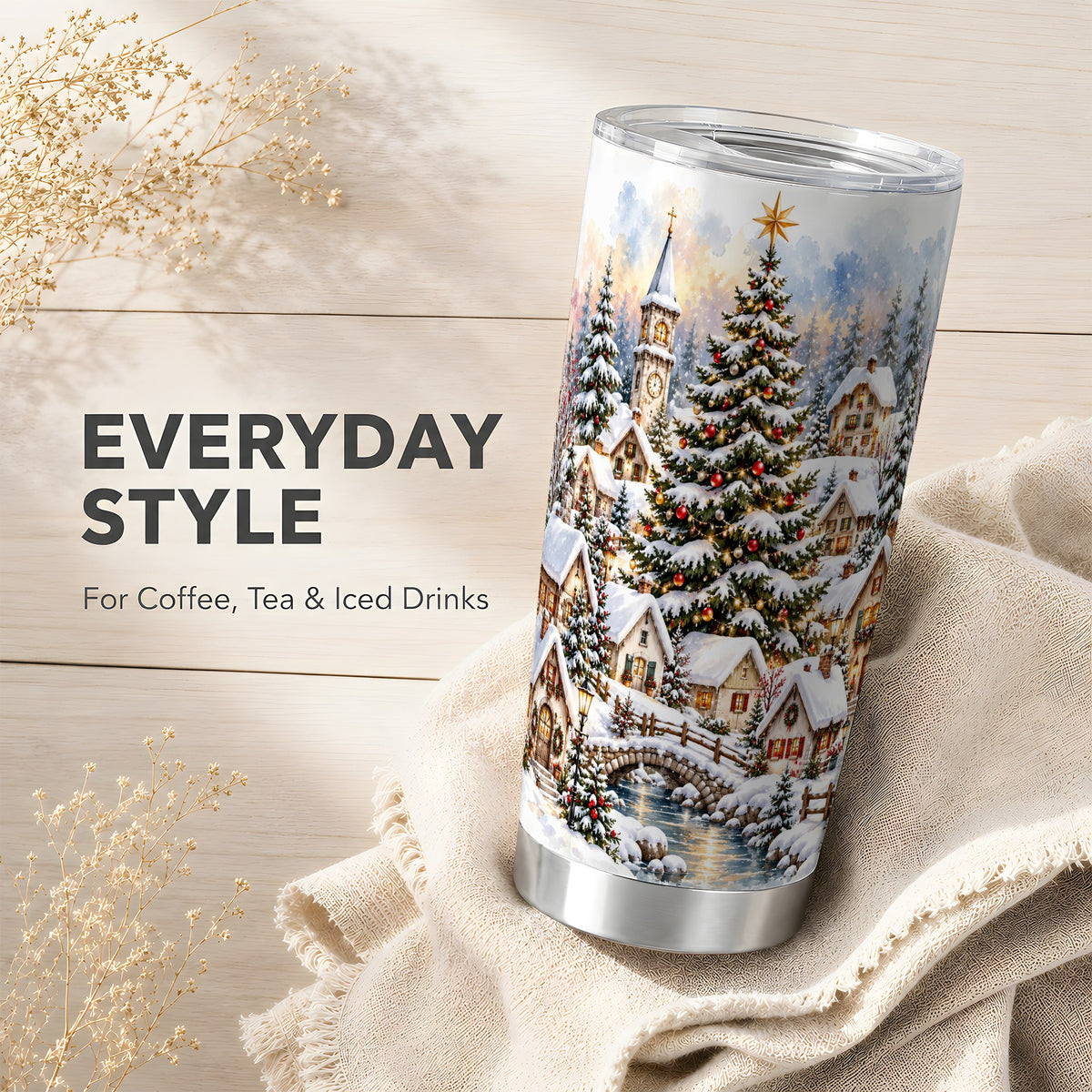 Watercolor Village Tumbler 20oz, Christmas Steel Travel Cup