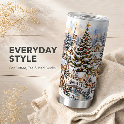 Watercolor Village Tumbler 20oz, Christmas Steel Travel Cup