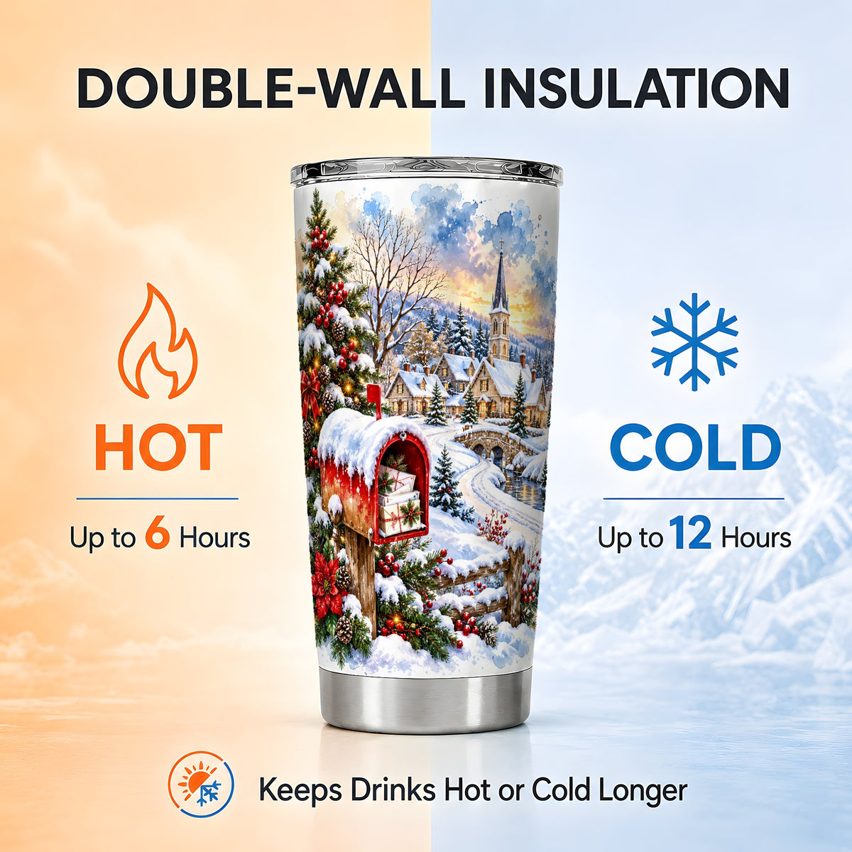 Snowy Village Tumbler 20oz, Winter Tumbler, Stainless Steel Travel Cup
