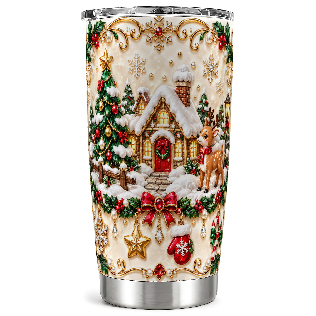 Winter Cottage Tumbler 20oz, Reindeer Tumbler, Stainless Steel Travel Cup
