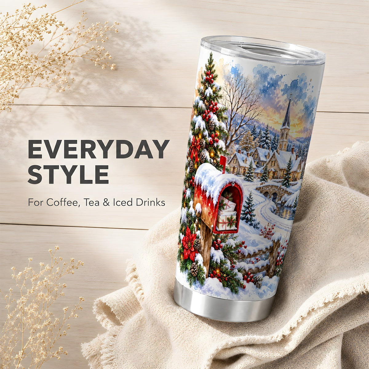 Snowy Village Tumbler 20oz, Winter Tumbler, Stainless Steel Travel Cup