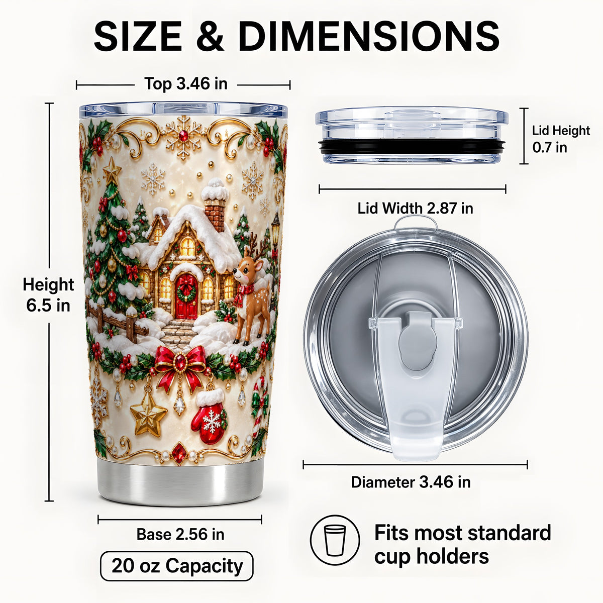 #pl[20oz|Steel] Winter Cottage Tumbler 20oz, Reindeer Tumbler, Stainless Steel Travel Cup