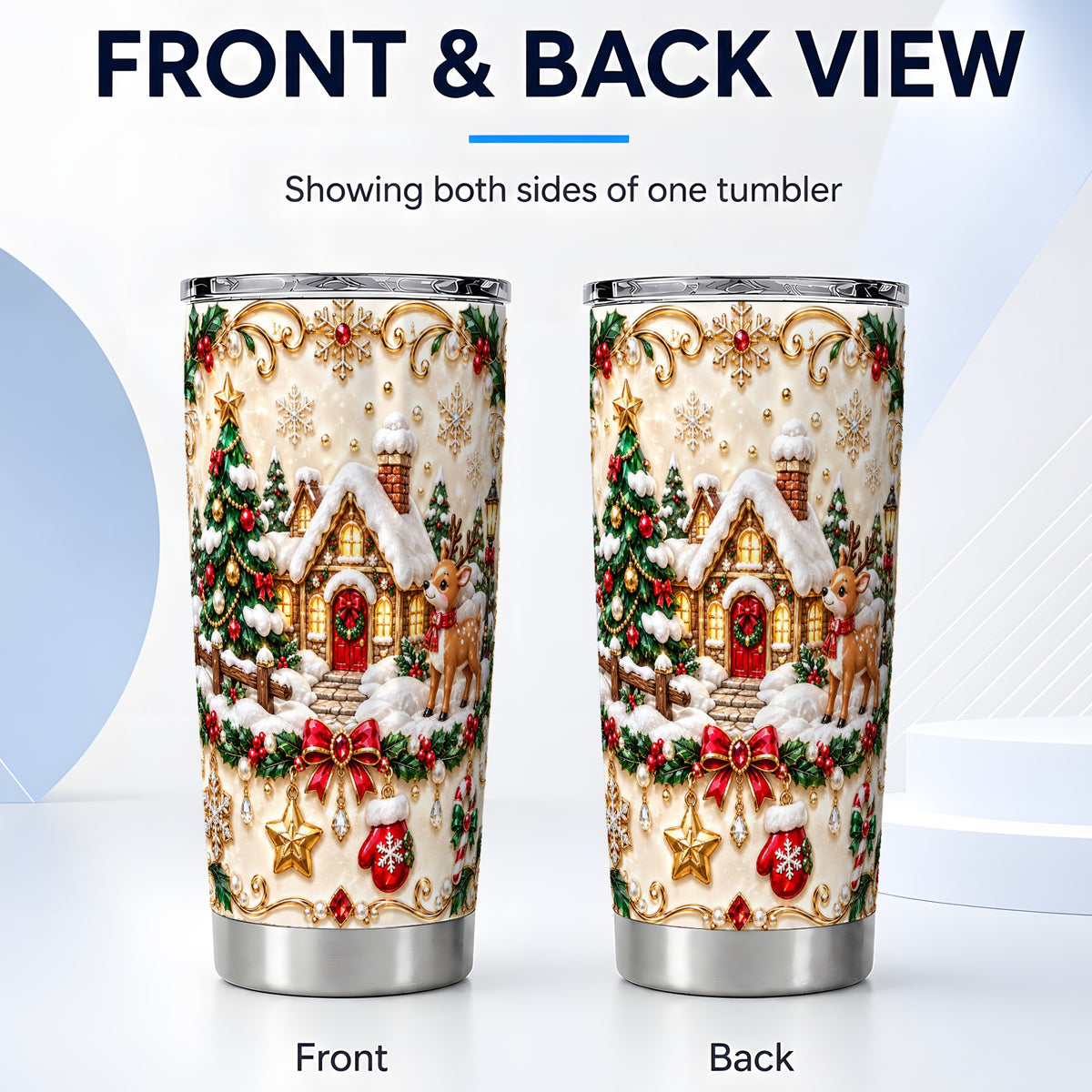 #pl[20oz|Steel] Winter Cottage Tumbler 20oz, Reindeer Tumbler, Stainless Steel Travel Cup