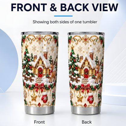 #pl[20oz|Steel] Winter Cottage Tumbler 20oz, Reindeer Tumbler, Stainless Steel Travel Cup
