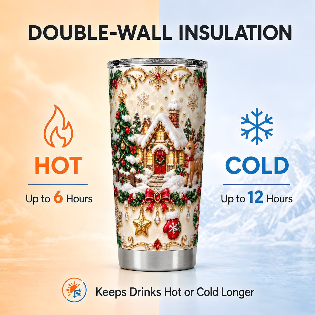 Winter Cottage Tumbler 20oz, Reindeer Tumbler, Stainless Steel Travel Cup
