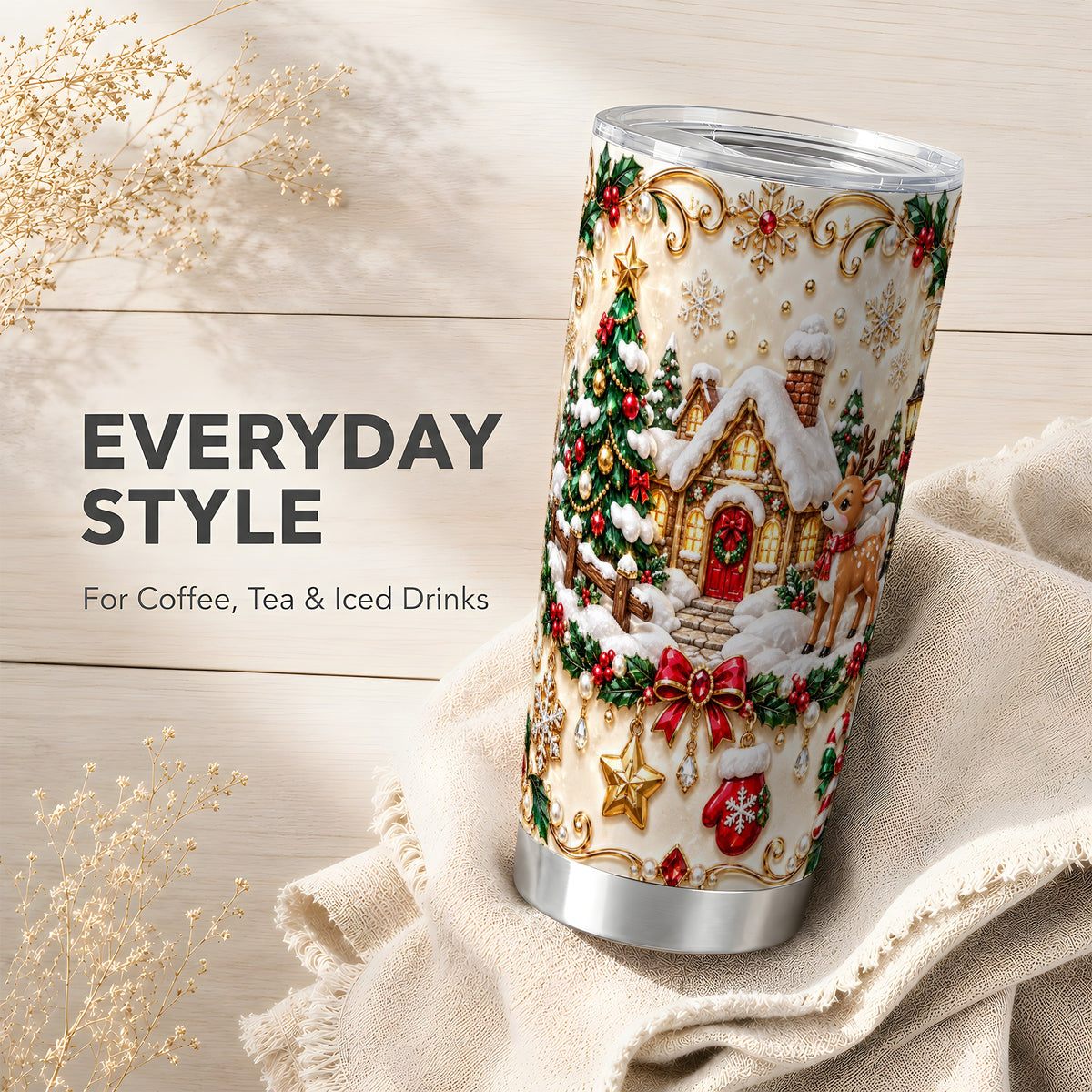 Winter Cottage Tumbler 20oz, Reindeer Tumbler, Stainless Steel Travel Cup