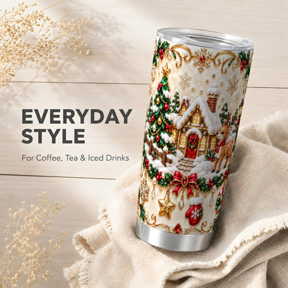 Winter Cottage Tumbler 20oz, Reindeer Tumbler, Stainless Steel Travel Cup