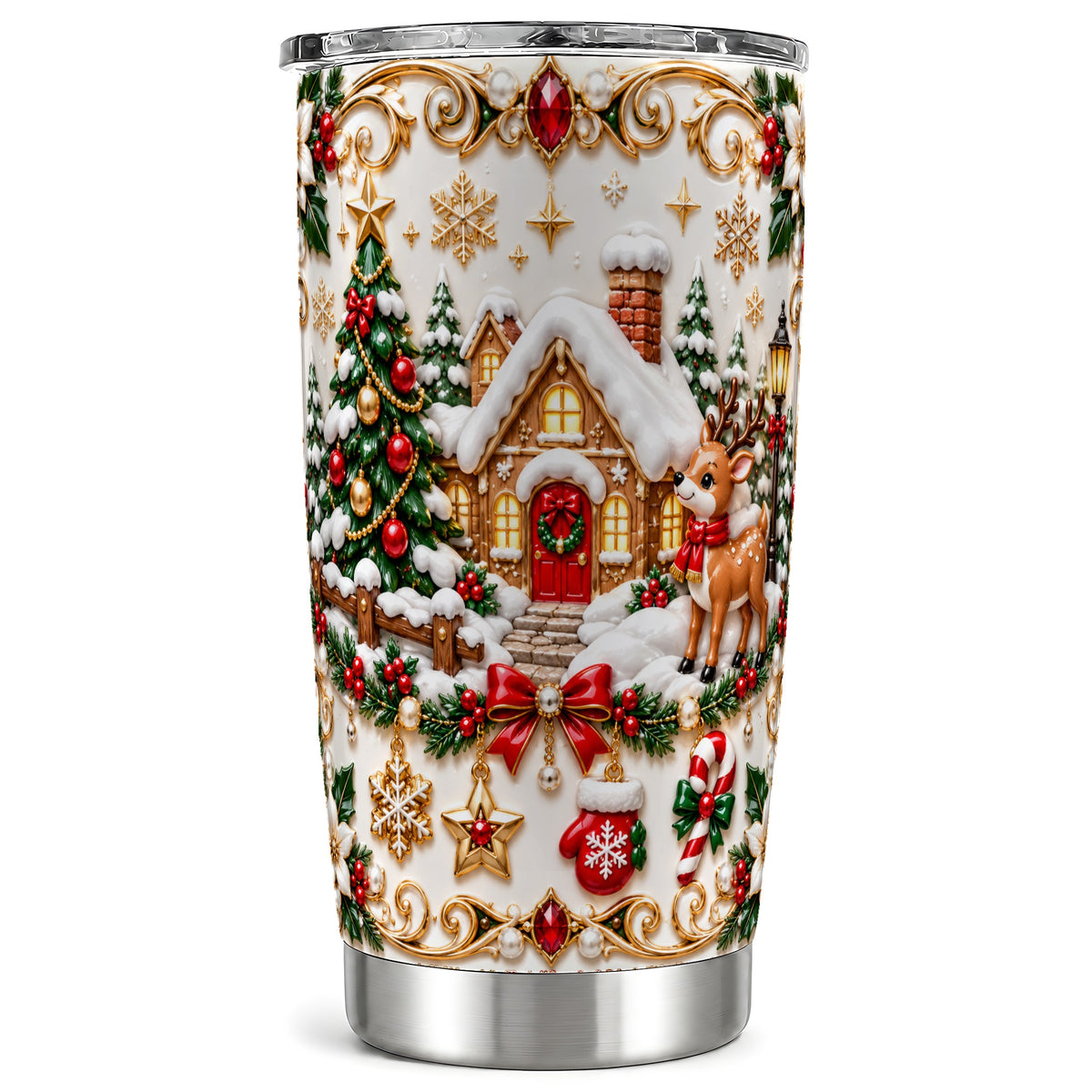 Winter Cottage Tumbler 20oz, Reindeer Tumbler, Stainless Steel Travel Cup