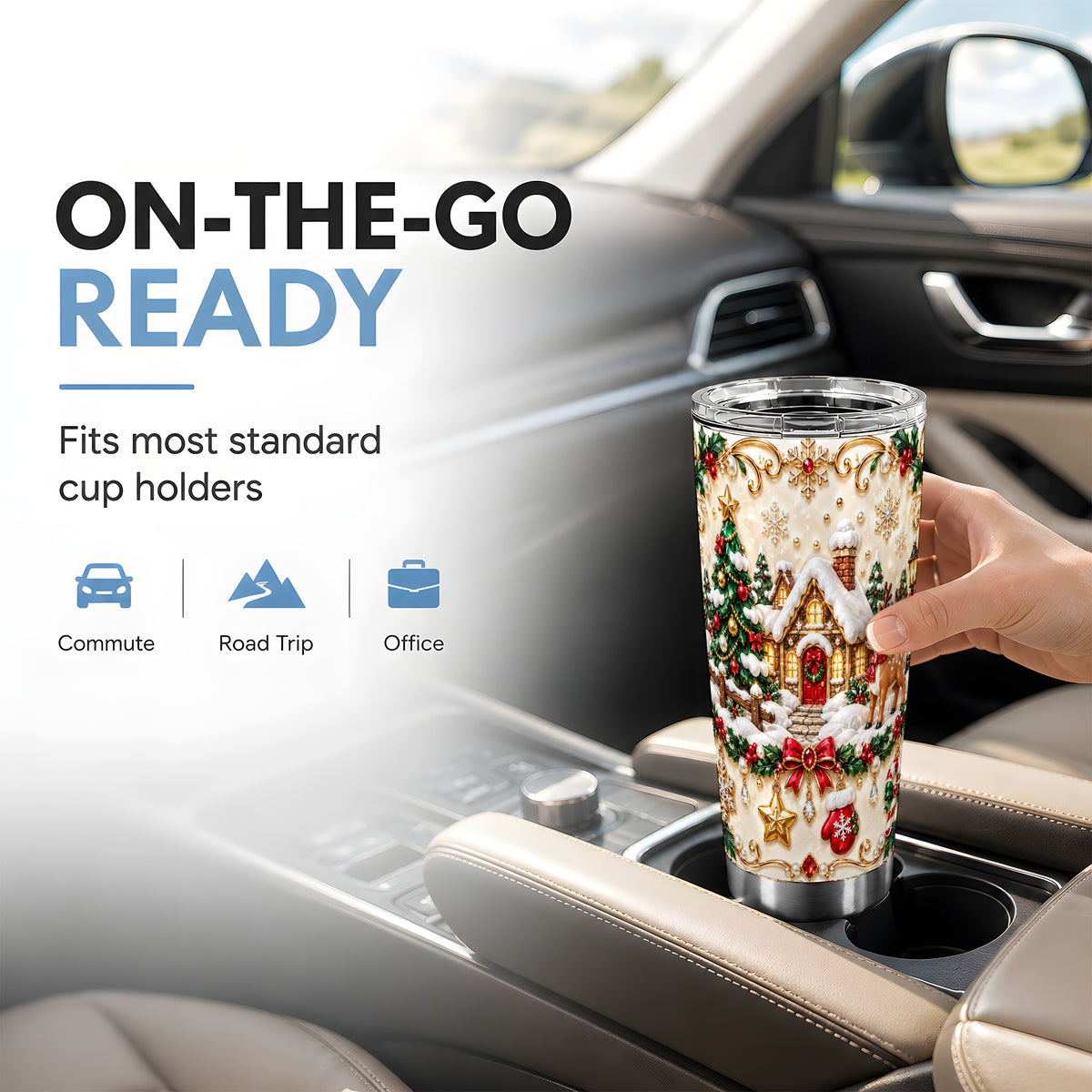 Winter Cottage Tumbler 20oz, Reindeer Tumbler, Stainless Steel Travel Cup