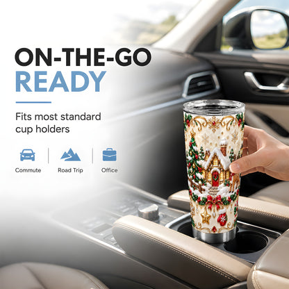 Winter Cottage Tumbler 20oz, Reindeer Tumbler, Stainless Steel Travel Cup
