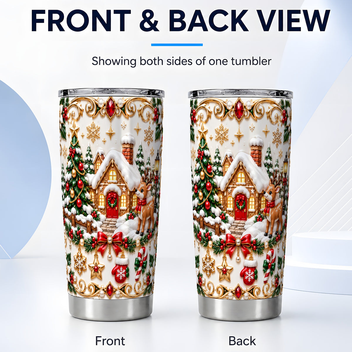 #pl[20oz|Steel] Winter Cottage Tumbler 20oz, Reindeer Tumbler, Stainless Steel Travel Cup