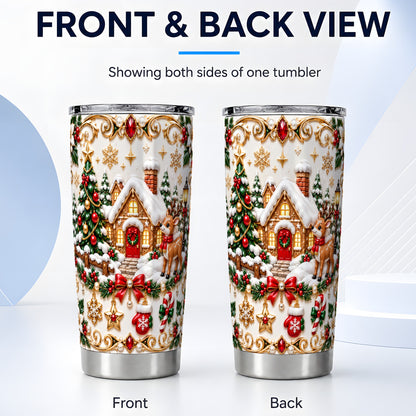 #pl[20oz|Steel] Winter Cottage Tumbler 20oz, Reindeer Tumbler, Stainless Steel Travel Cup