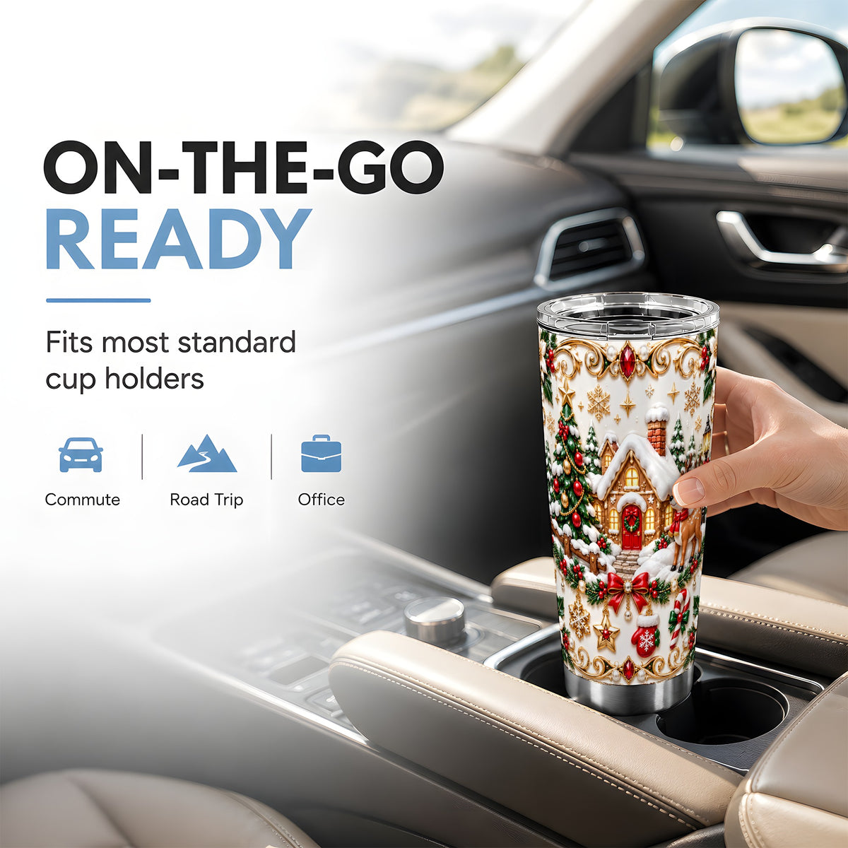 Winter Cottage Tumbler 20oz, Reindeer Tumbler, Stainless Steel Travel Cup
