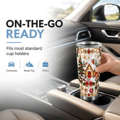 Winter Cottage Tumbler 20oz, Reindeer Tumbler, Stainless Steel Travel Cup