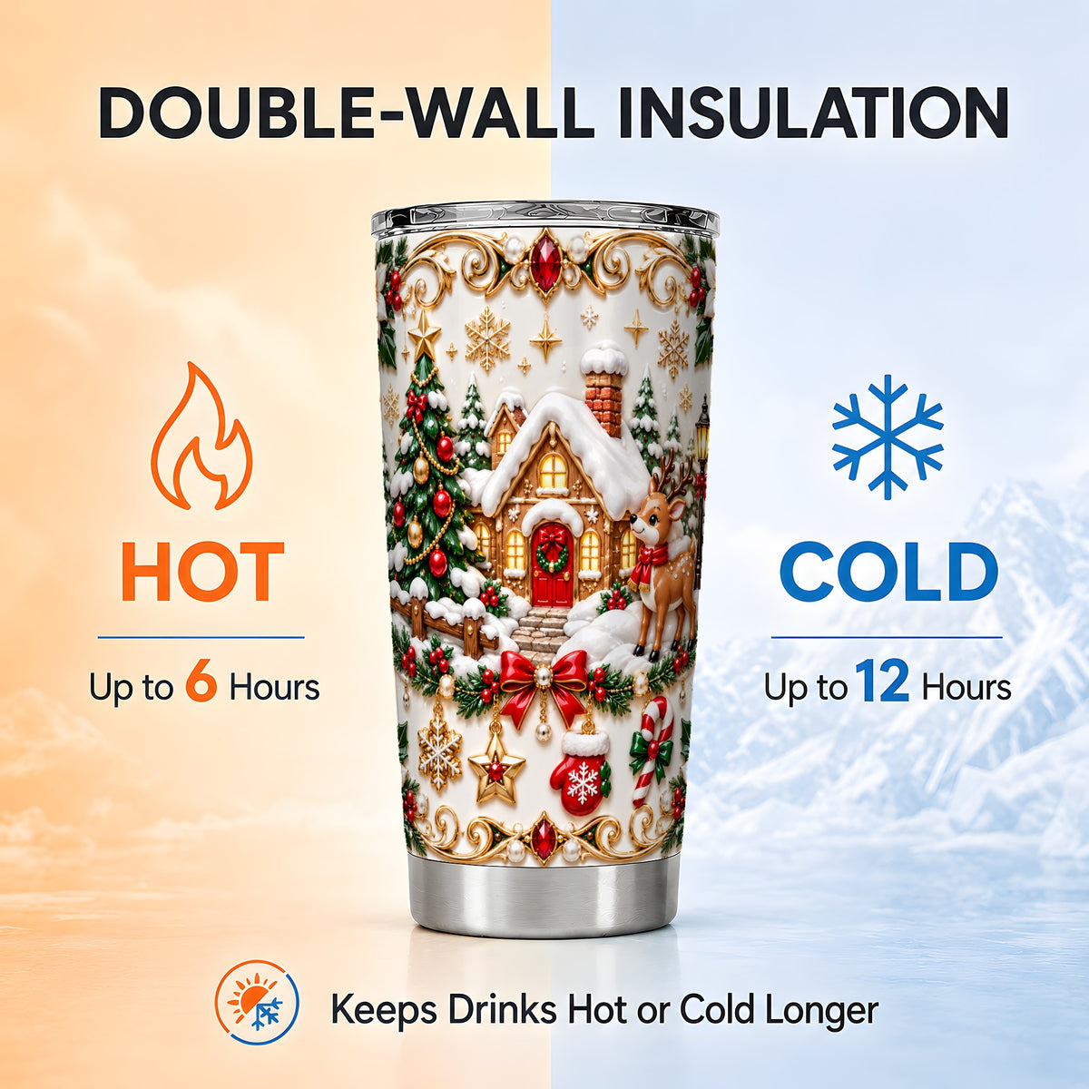 Winter Cottage Tumbler 20oz, Reindeer Tumbler, Stainless Steel Travel Cup