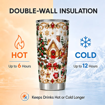 Winter Cottage Tumbler 20oz, Reindeer Tumbler, Stainless Steel Travel Cup