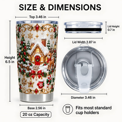 #pl[20oz|Steel] Winter Cottage Tumbler 20oz, Reindeer Tumbler, Stainless Steel Travel Cup