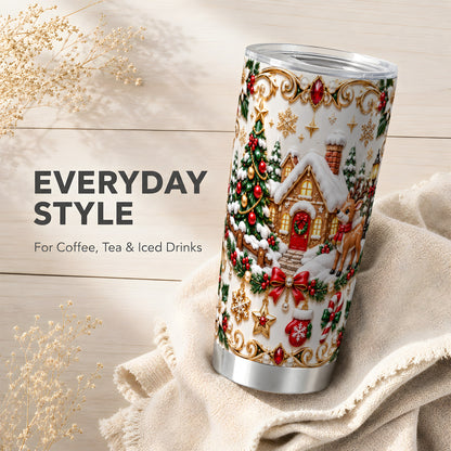 Winter Cottage Tumbler 20oz, Reindeer Tumbler, Stainless Steel Travel Cup