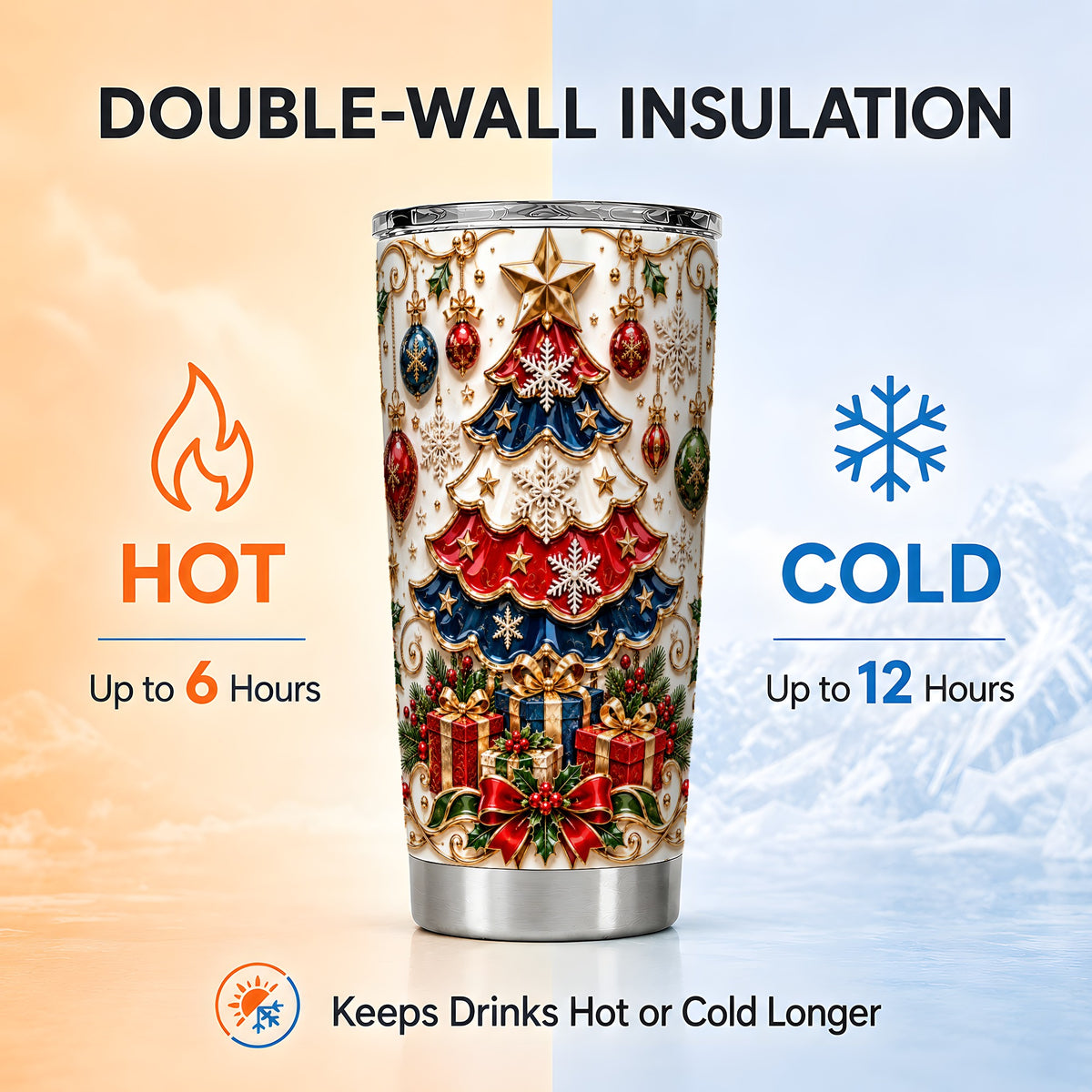 Holiday Tree Tumbler 20oz, Snowflake Tumbler, Stainless Steel Travel Cup