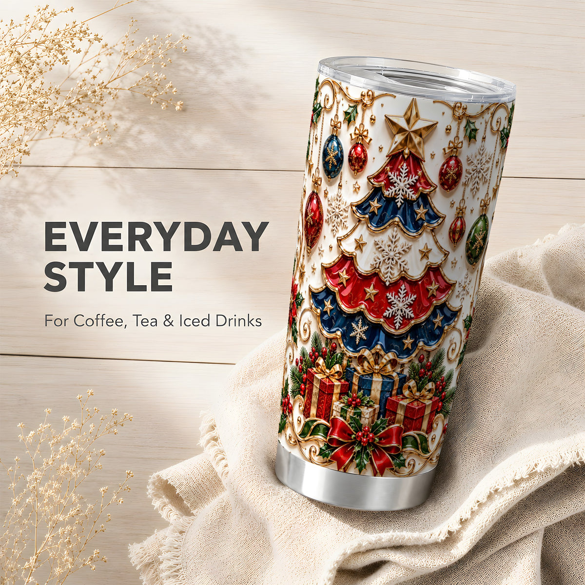 Holiday Tree Tumbler 20oz, Snowflake Tumbler, Stainless Steel Travel Cup