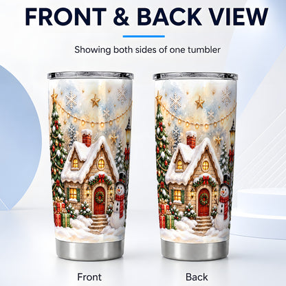#pl[20oz|Steel] Christmas Cottage Tumbler 20oz, Snowman Tumbler, Stainless Steel Travel Cup