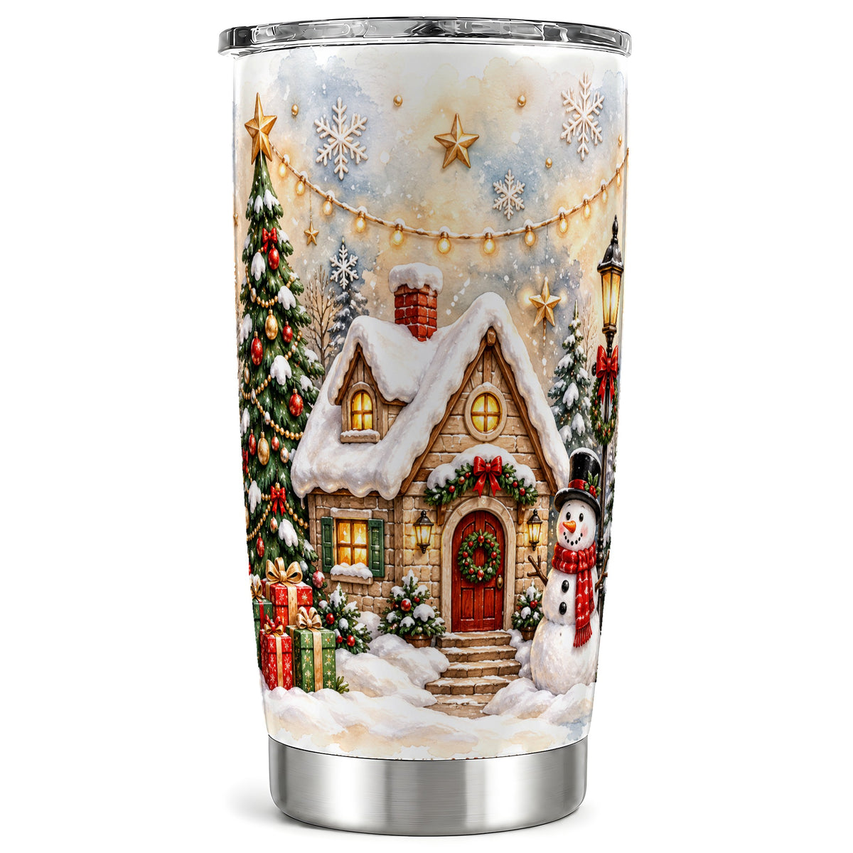 Christmas Cottage Tumbler 20oz, Snowman Tumbler, Stainless Steel Travel Cup