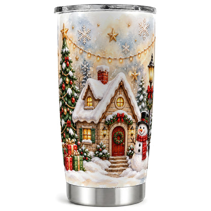 Christmas Cottage Tumbler 20oz, Snowman Tumbler, Stainless Steel Travel Cup