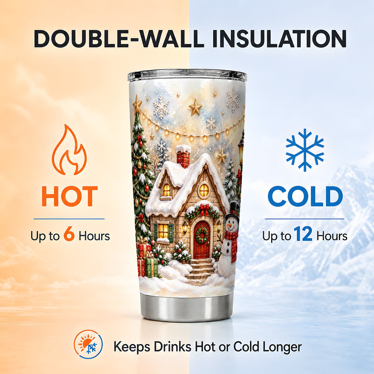 Christmas Cottage Tumbler 20oz, Snowman Tumbler, Stainless Steel Travel Cup