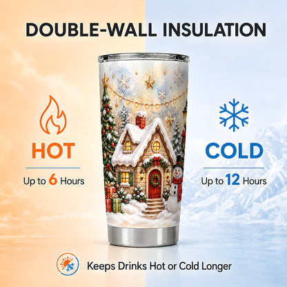 Christmas Cottage Tumbler 20oz, Snowman Tumbler, Stainless Steel Travel Cup