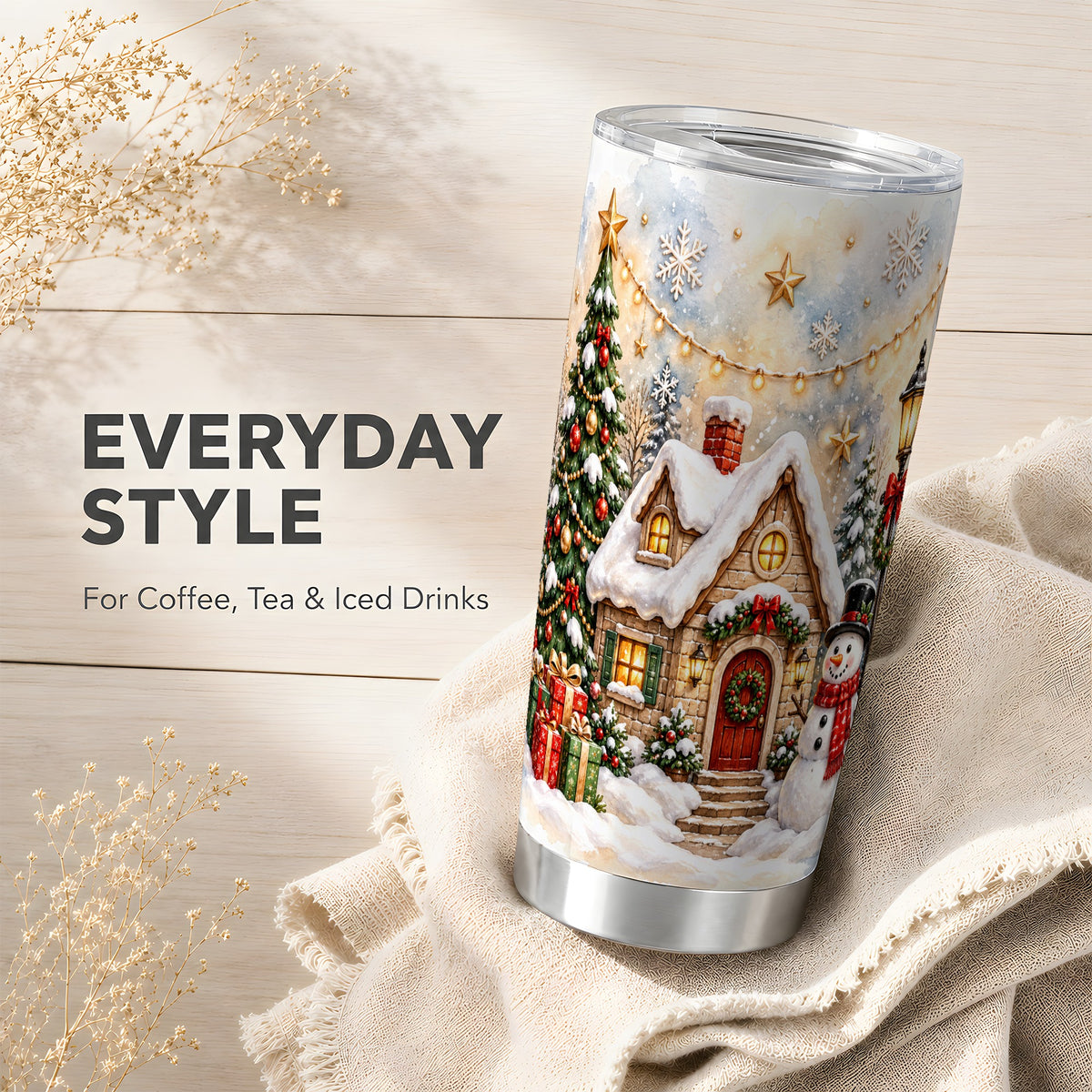 Christmas Cottage Tumbler 20oz, Snowman Tumbler, Stainless Steel Travel Cup