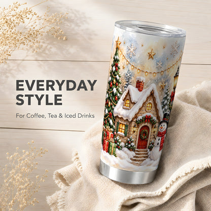 Christmas Cottage Tumbler 20oz, Snowman Tumbler, Stainless Steel Travel Cup