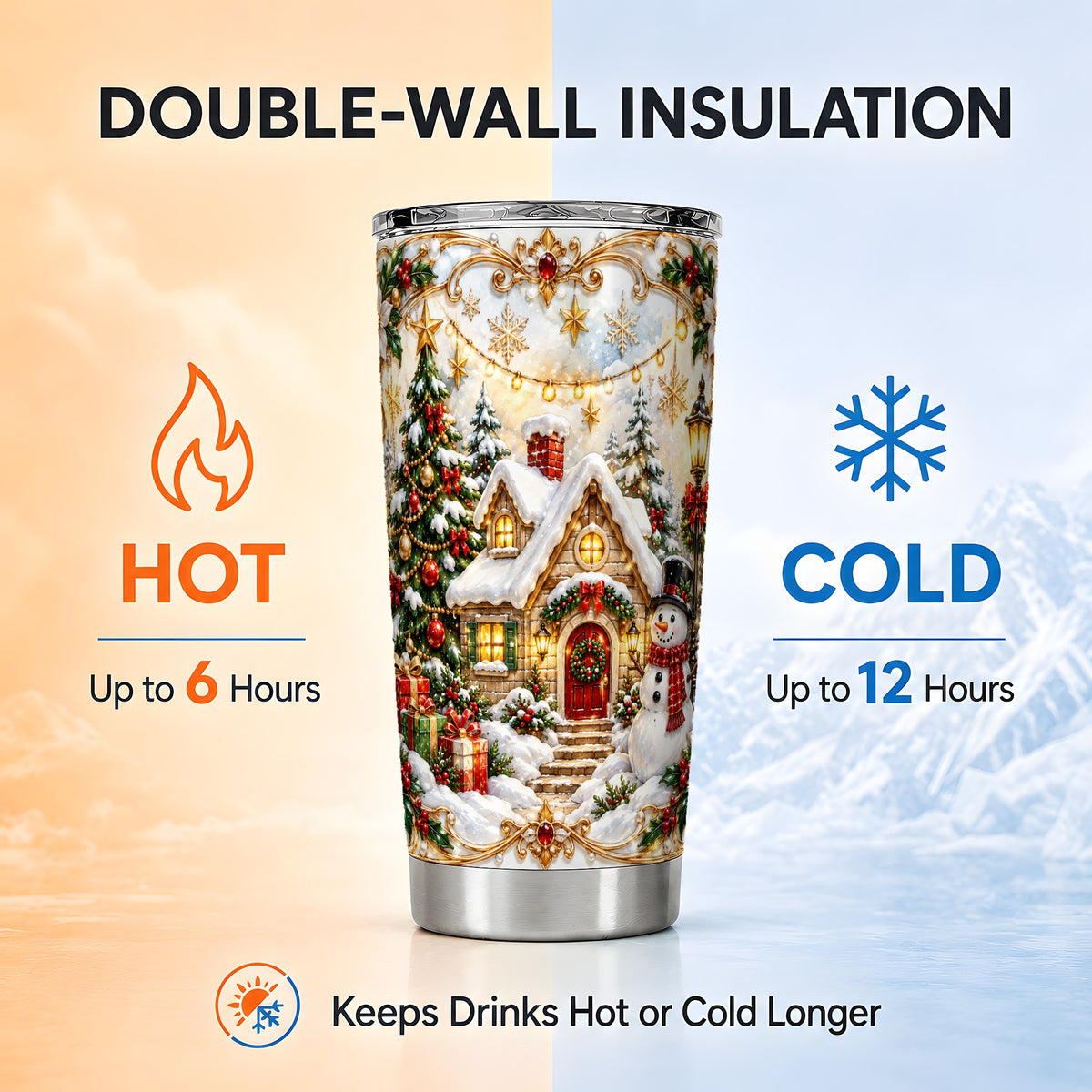 Ornate Christmas Tumbler 20oz, Snowman Tumbler, Stainless Steel Travel Cup