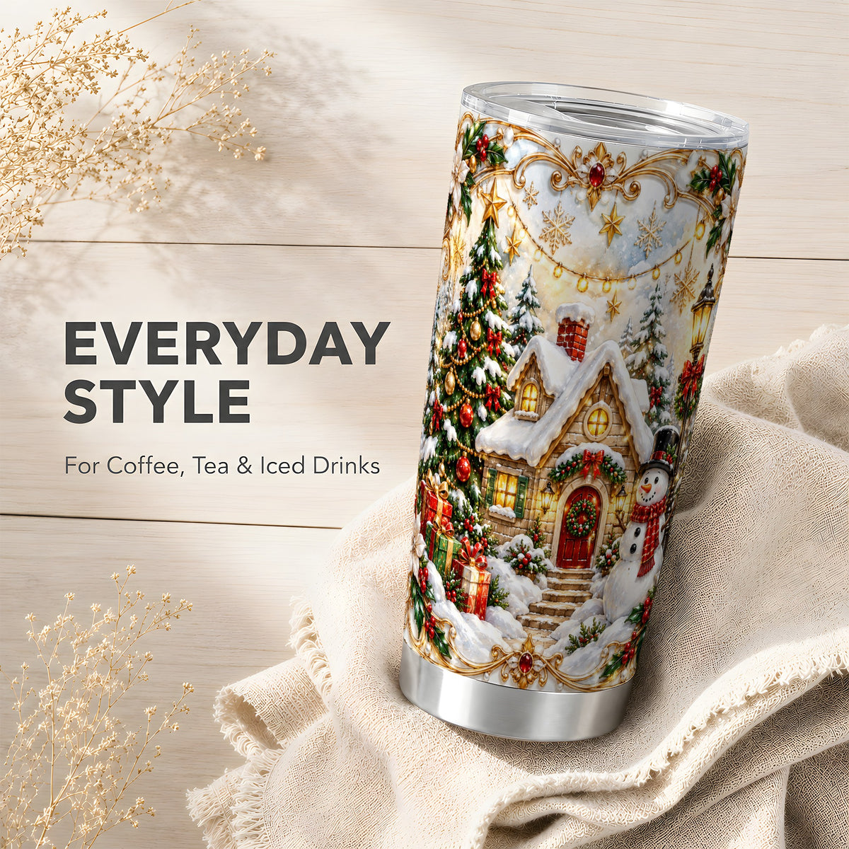 Ornate Christmas Tumbler 20oz, Snowman Tumbler, Stainless Steel Travel Cup