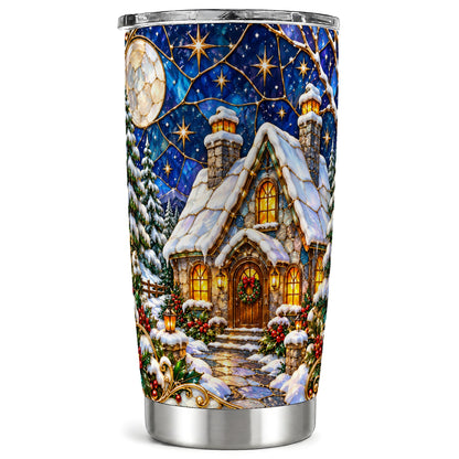 Winter Cottage Tumbler 20oz, Snowy Tumbler, Stainless Steel Travel Cup