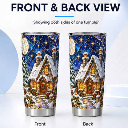 #pl[20oz|Steel] Winter Cottage Tumbler 20oz, Snowy Tumbler, Stainless Steel Travel Cup