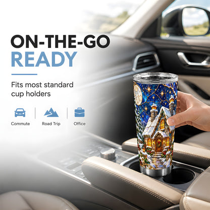 Winter Cottage Tumbler 20oz, Snowy Tumbler, Stainless Steel Travel Cup