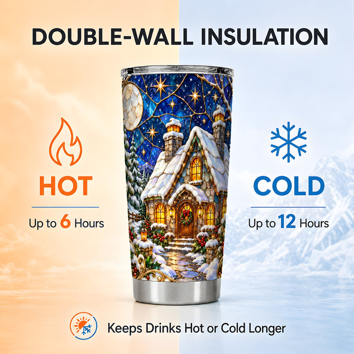 Winter Cottage Tumbler 20oz, Snowy Tumbler, Stainless Steel Travel Cup