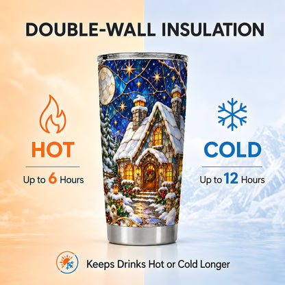 Winter Cottage Tumbler 20oz, Snowy Tumbler, Stainless Steel Travel Cup