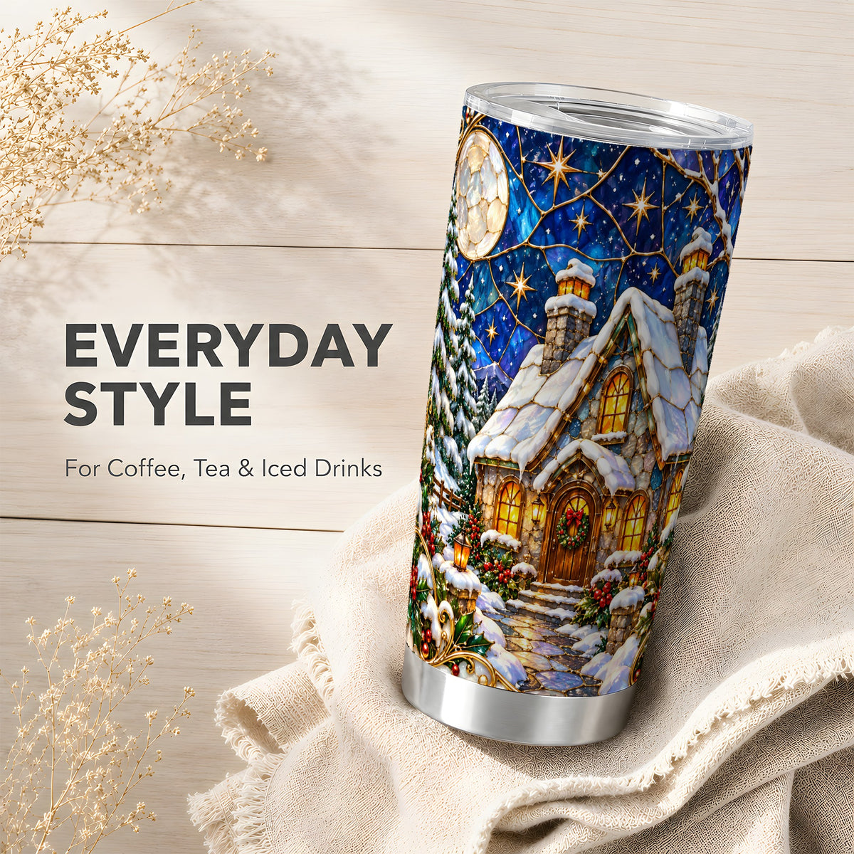 Winter Cottage Tumbler 20oz, Snowy Tumbler, Stainless Steel Travel Cup