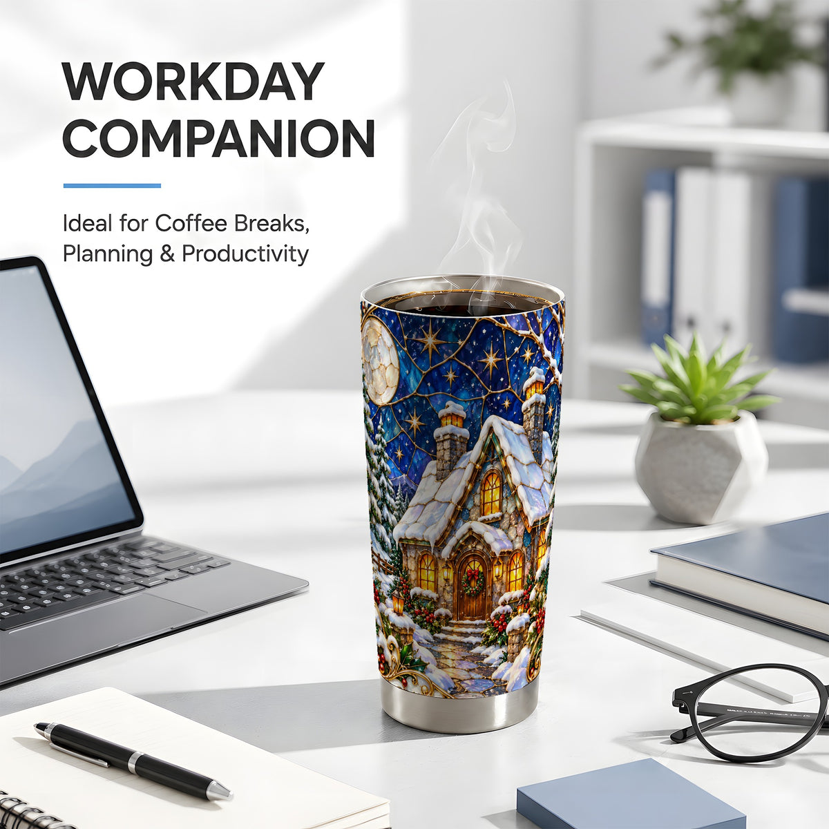 Winter Cottage Tumbler 20oz, Snowy Tumbler, Stainless Steel Travel Cup