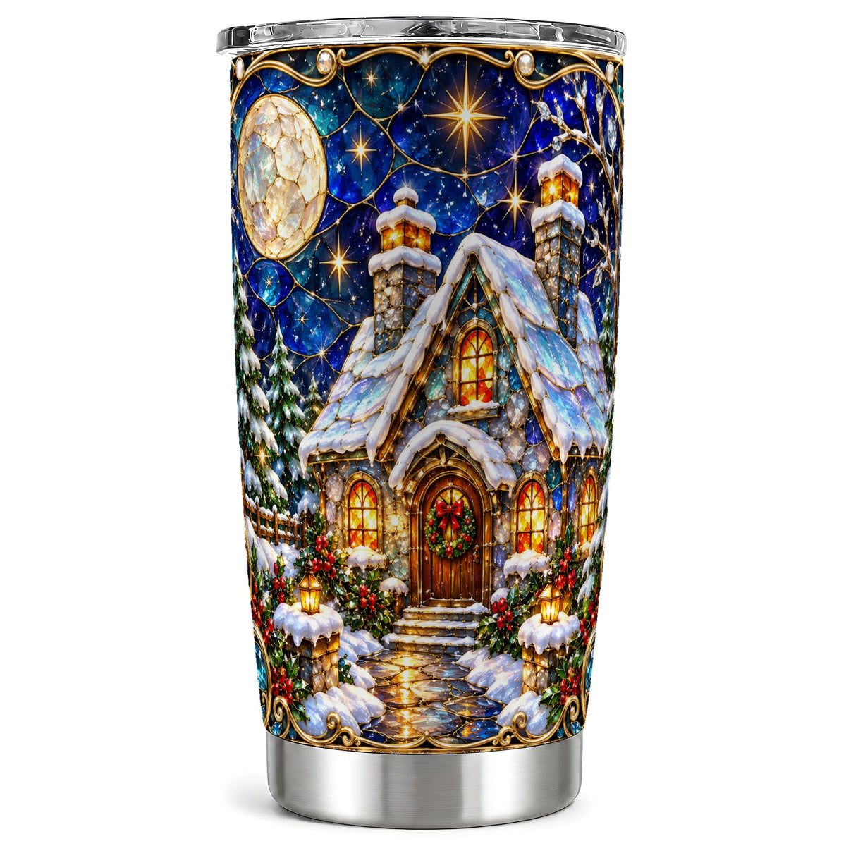 Jeweled Cottage Tumbler 20oz, Winter Tumbler, Stainless Steel Travel Cup