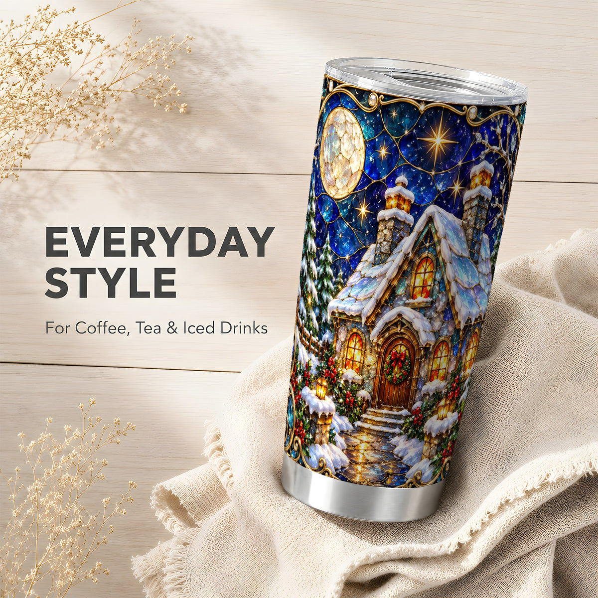 Jeweled Cottage Tumbler 20oz, Winter Tumbler, Stainless Steel Travel Cup