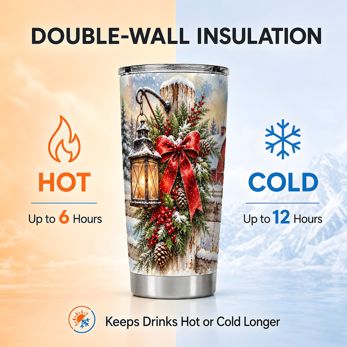 Christmas Lantern Tumbler 20oz, Winter Tumbler, Stainless Steel Travel Cup